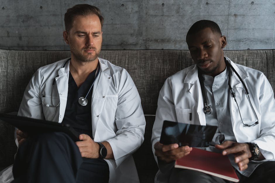 Two doctors analyze X-ray films in a medical office for diagnosis